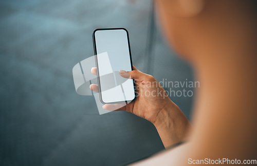 Image of Woman hands, phone and blank screen for advertising, marketing brand mockup and website communication. Smartphone, green screen and social network, online internet or digital tech social media app