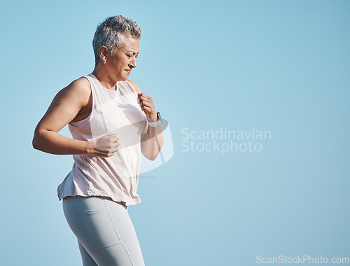 Image of Fitness, running and senior woman in nature for health, wellness and exercise in Puerto Rico. Sports, runner and elderly female athlete doing an outdoor cardio workout training for a marathon or race