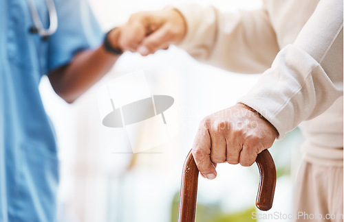 Image of Walking stick, nurse and hands helping patient, support and therapy of disability, parkinson or arthritis. Cane, disabled old man and physiotherapy in nursing home, elderly healthcare or osteoporosis