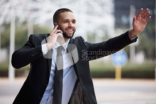 Image of Businessman, phone call and stop taxi for transport to appointment on street, buildings or time management. Corporate black man, phone and late for travel in metro, smile and cityscape