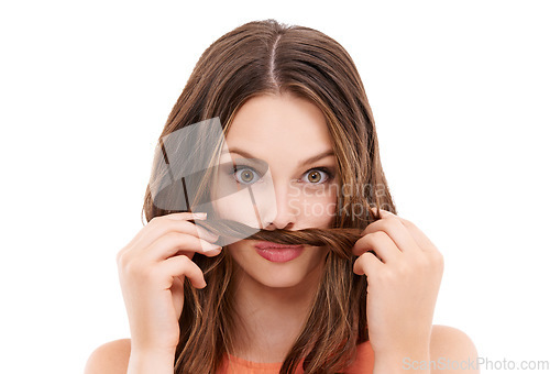 Image of Hair moustache, funny and comic woman portrait with natural beauty with happiness in studio. White background, isolated and model with healthy hair care with crazy comedy, silly and young face