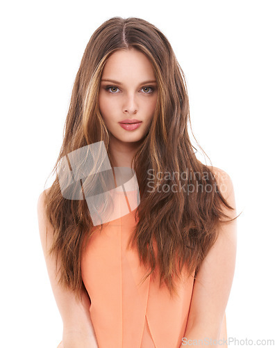 Image of Hair, salon and portrait of woman in studio for wellness, keratin treatment and hair products. Fashion, beauty aesthetic and girl face on white background for cosmetics, hairstyle and luxury shampoo