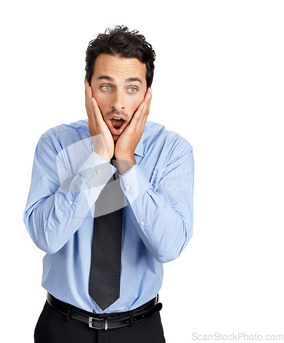 Image of Fear, anxiety and stress of businessman thinking of problem, fail and mistake with worry. Bad surprise and overwhelmed corporate worker anxious with dramatic face in white studio background