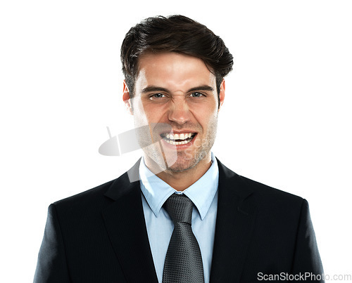 Image of Portrait of angry man gritting teeth in business suit, frustrated and isolated on white background. Stock market crash, economy and ceo businessman annoyed with economy and financial status in studio