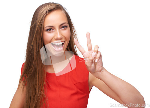 Image of Woman, studio portrait and hand for peace sign emoji for support, motivation and a positive mindset. Face of a female model happy and excited about finger icon isolated on a white background