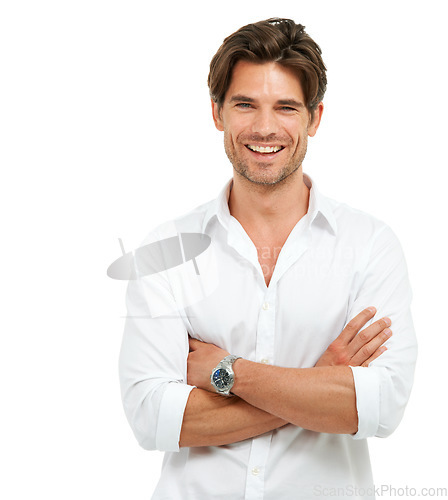 Image of Fashion, young and man model in a studio with a casual, brand apparel and luxury classy outfit. Happiness, natural and portrait of a male from Canada with trendy clothes isolated by white background.