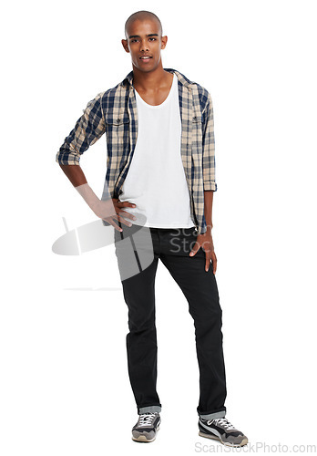 Image of Young black man, studio portrait and style with confidence, attitude and lifestyle in Atlanta. Cool guy, fashion model and white background with confident college student, clothes and handsome person