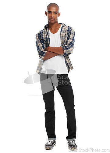 Image of Young black man, studio portrait and arms crossed with confidence, attitude and style from Atlanta. Cool guy, fashion model and white background with confident style, clothes and handsome face