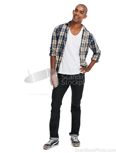 Image of Happy black man, studio portrait and smile with confidence, happiness and style from Atlanta. Cool young guy, fashion model and white background with confident student, clothes and handsome person
