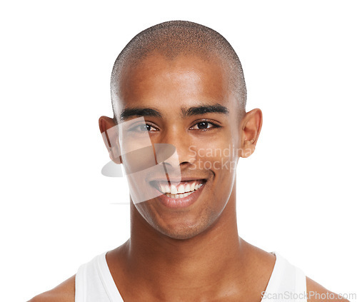 Image of Black man, happy and studio for face health, cosmetic wellness and beauty by white background. Young model, smile and man with glow facial skin, aesthetic and healthy self care cosmetics by backdrop