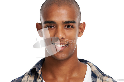 Image of Happy, smile and portrait of a man in a studio with a health, wellness and cosmetic face. Young, handsome and male model from Brazil with self care skin treatment isolated by a white background.
