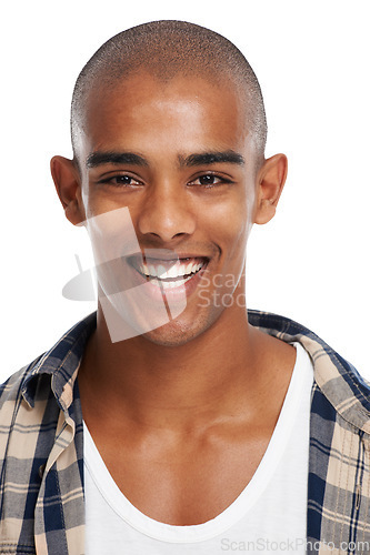 Image of Happy, black man and face portrait of a model smile with happiness and calm natural beauty. Young man, casual and healthy dental care of a laughing african student feeling positive, cool and friendly