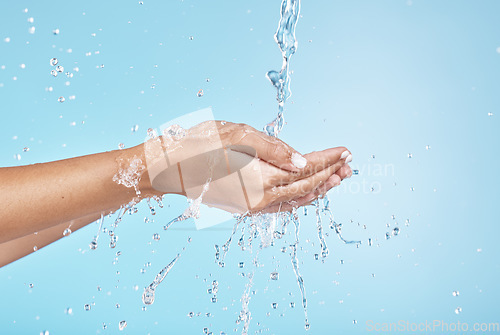 Image of Woman hands, water splash and clean wellness, skincare and personal hygiene, health and shower on studio blue background. Closeup water drops, stream and washing hands, palm and cleaning body in bath