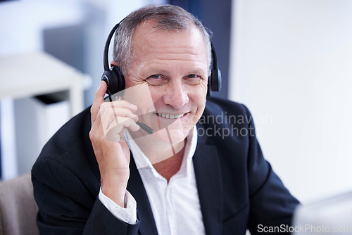 Image of Call center, portrait and businessman smile for telemarketing, virtual communication or digital software support in information technology. Contact us, crm and corporate manager, consultant or agent