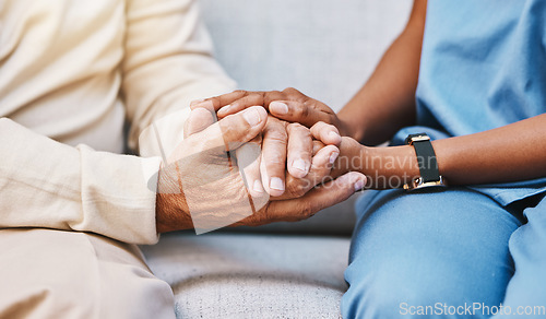 Image of Nurse, hands and senior patient in empathy, safety and support of help, trust and healthcare consulting. Nursing home, counseling and gratitude for medical caregiver, client and hope in consultation