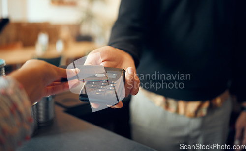 Image of Credit card payment, pos and customer hands, store cashier or restaurant waiter with easy point of sale machine. Shopping, b2c commerce service or woman with financial fintech purchase at retail cafe