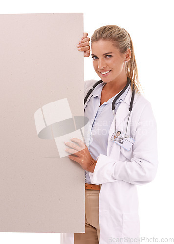 Image of Mockup portrait, doctor and woman with poster, placard or billboard for marketing, advertising or product placement. Studio sign, banner space or sales girl with promotion mock up on white background