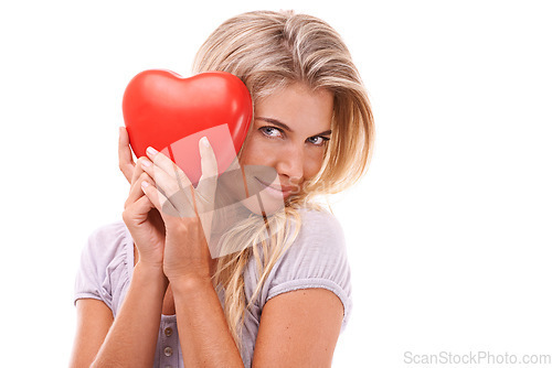 Image of Happy woman, heart emoji and love portrait on a white background for valentines day, motivation and happiness. Face of a young female model in studio with a red icon and smile for dating and support