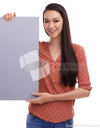 Image of Advertising mockup, portrait and woman with poster, placard or billboard for promotion, marketing or product placement. Sign, banner space and sales model girl with studio mock up on white background