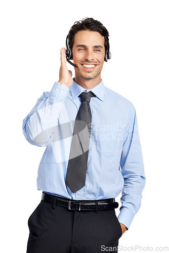 Image of Customer support communication, call center and consultant talking on telecom microphone, contact us CRM or telemarketing. Business e commerce, help desk agent and man consulting for customer service