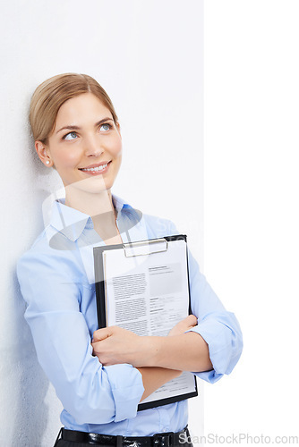 Image of Thinking, business woman and contract clipboard on isolated white background with cv ideas or recruitment goals. Smile, happy worker and human resources manager with paper documents for we are hiring