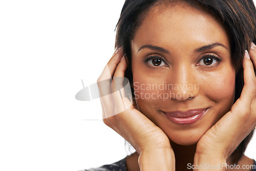 Image of Face, hands and portrait with woman and beauty, healthy skin with skincare against white background. Makeup, smile and facial care mockup with wellness, dermatology and natural cosmetics glow