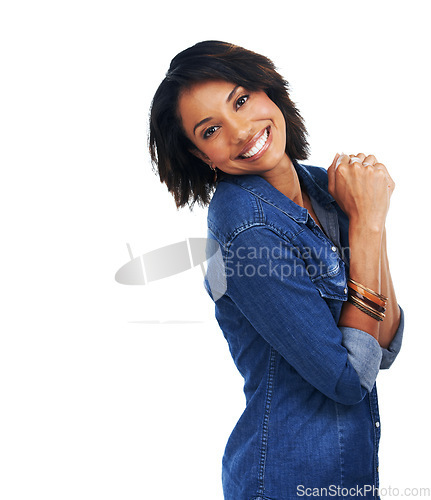 Image of Portrait, excited and mockup with a model black woman looking cute or adorable in studio on a white background. Face, fashion and denim with an attractive young female posing to promote mock up space