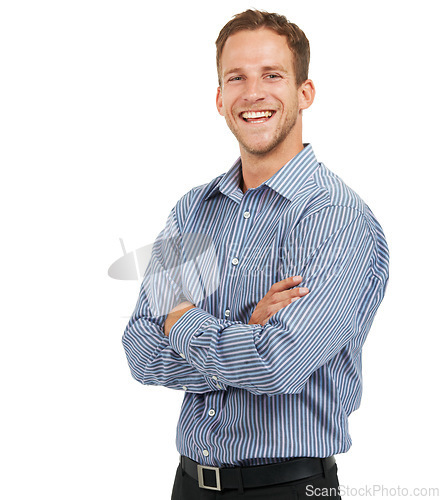 Image of Proud portrait and happy businessman mindset with arms crossed and cheerful smile for advertising. Happiness of handsome corporate worker smiling at white studio background with mockup.
