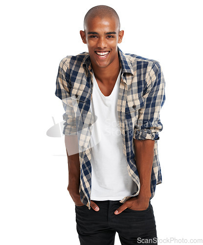 Image of Happy black man, studio portrait and smile with confidence, attitude and happiness. Cool guy, fashion model and laughing on white background with college student, fashion clothes and handsome face