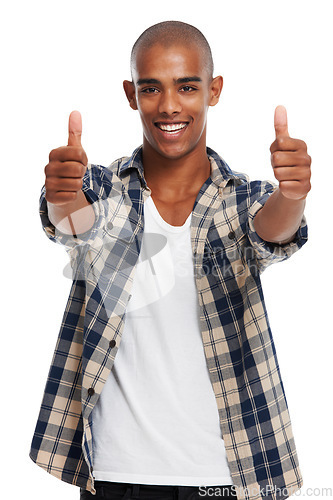 Image of Young african man, success and thumbs up portrait of yes, achievement and winner hands sign. Thank you, happiness and ok agreement satisfaction hand gesture of a black man with motivation from goal