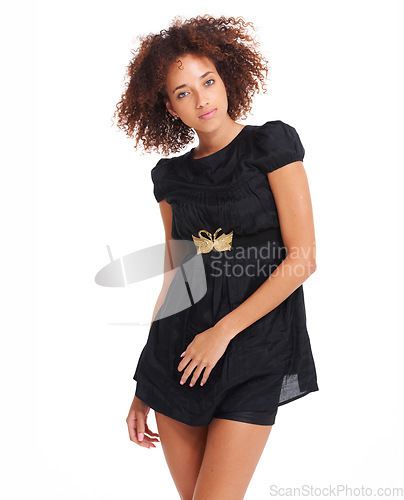 Image of Fashion, portrait and woman clothes and beauty, retail mockup and trendy style isolated on white background. Designer brand, confident black woman in black dress and motivation with fashion model