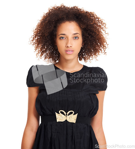 Image of Portrait of a young, beautiful and natural woman in a dress in studio with a funky, edgy and classy outfit. Beauty, fashion and female model with cool and casual clothes isolated by white background.