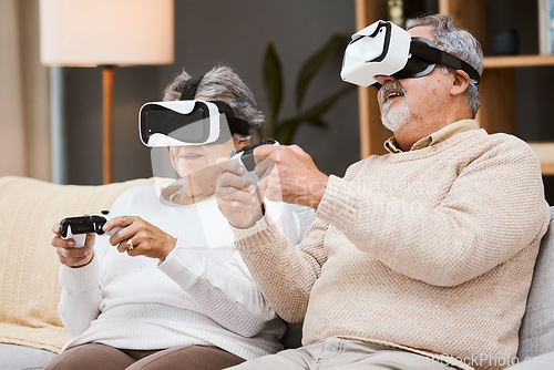 Image of Virtual reality, gaming and senior couple on sofa in living room having fun. Vr gamer, metaverse and retired elderly man and woman playing futuristic, 3d and ai games with controller while relaxing.