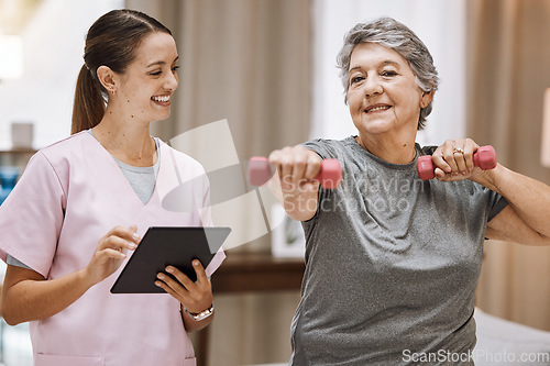 Image of Nurse with tablet, old woman in nursing home and physical therapy fitness with dumbbell, healthcare and digital checklist for wellness. Health, retirement care and exercise with muscle training.