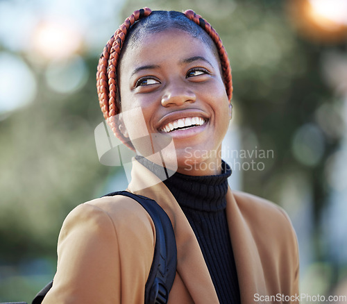 Image of Face, happy black woman and student at park ready for learning, studying and education. Scholarship, freedom and smile of female lost in thoughts, thinking and contemplating knowledge outdoors alone.