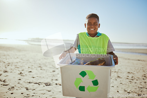 Image of Child, portrait and recycling, clean beach with box and plastic bottle, environment and climate change with nature sustainability. Eco friendly recycle activism, cleaning Earth and volunteer mockup