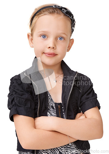 Image of Arms crossed, confident and portrait of a girl with style on a white background in studio. Stylish, fashionable and child fashion model with pride, confidence and happiness on a studio background