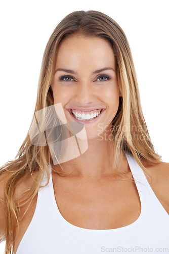 Image of Happy, smile and portrait of a woman model with natural beauty and white background. Happiness, smiling face and beautiful person alone with mock up in a studio feeling positive with skin glow