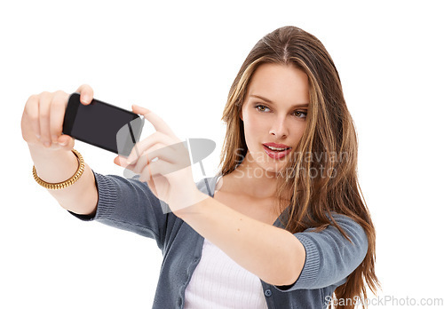 Image of Mobile phone, studio selfie and woman with cellphone memory picture for social media app, online website or social network. Digital tech user, smartphone photo and model girl pose on white background