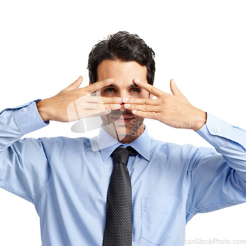 Image of I see you. Portrait, face and hands with a business man in studio on a white background with a vision for future success.