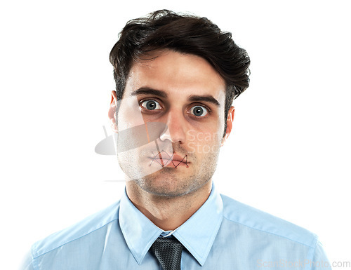 Image of Man, silence and portrait of censored victim with stitched mouth isolated on white background. Censorship, depression and abuse, businessman with lips sewn to shut up, stress and anxiety in studio.