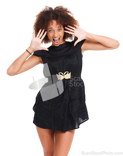 Image of Surprised face portrait, black woman or afro and hands up in fashion party dress, trendy clothes or style clothing. Shocked, model or wow facial expression on studio white background and mockup space