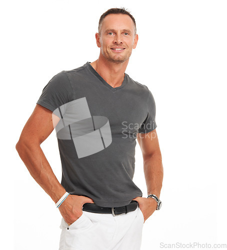 Image of Portrait, man and smile with style, fashion and handsome guy isolated on white studio background. Muscular male, gentleman and trendy outfit for confidence, cool and happiness for summer and relax