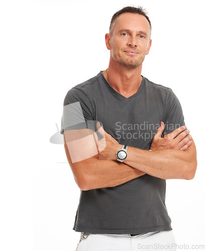 Image of Handsome, attractive and man model portrait feeling healthy and fit in isolated white background mockup. Male, person and confidence with crossed arms alone and mock up with a smile and positivity