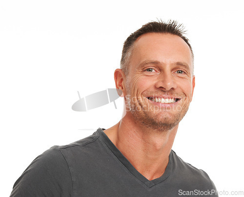 Image of Mature man, portrait and smile with mockup background, studio space and trust in Australia. Happy face, headshot and confident guy, male model and relax with happiness, marketing and mock up backdrop