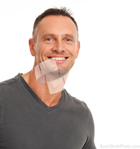 Image of Mature man, portrait and smile with white background, studio and mockup space in Australia. Happy face, headshot and confident guy, male model and relax with happiness, healthy body and handsome pose