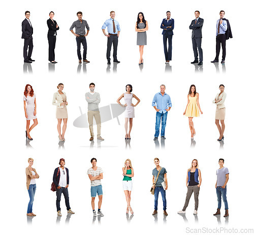 Image of Diversity, different and professional employees standing in white background for employment or qualifications. People, happy workers and career success motivation or future vision isolated in studio