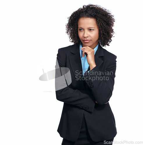 Image of Corporate black woman, thinking and studio with idea, vision and focus by white background. Isolated woman, business leader and professional for ideas, decision and choice for future, career or dream