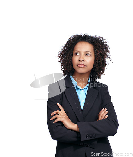 Image of Black woman, business and vision with suit, thinking and studio with white background for idea. Corporate leader, woman and focus for ideas, strategy or mission with arms crossed, motivation and goal