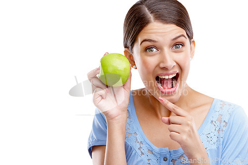 Image of Health, apple and smile with portrait of woman for nutrition, diet and weight loss choice. Fiber, food and vitamins with isolated face of girl and mockup for fruit, natural and organic wellness